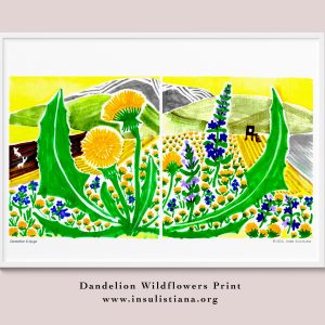 A framed art print of yellow Dandelion(Taraxacum) flowers growing together with blue wildflower of Ajuga Pyramidalis spreading in the village field during spring season with two deers in Schneeberg landscape setting of Lower Austria (Niederösterreich).
