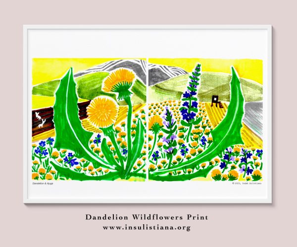 A framed art print of yellow Dandelion(Taraxacum) flowers growing together with blue wildflower of Ajuga Pyramidalis spreading in the village field during spring season with two deers in Schneeberg landscape setting of Lower Austria (Niederösterreich).