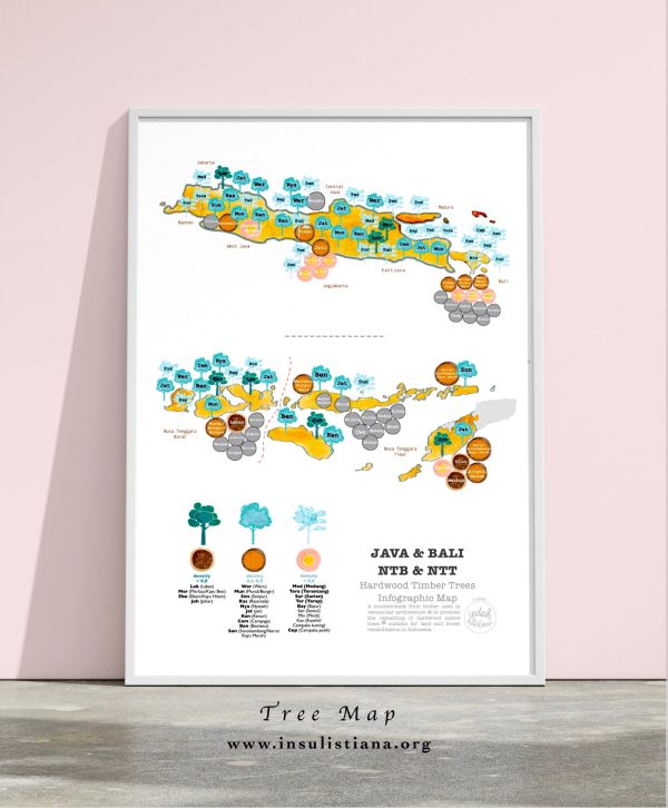 Framed map of Java-Bali-Nusa Tenggara Barat-Nusa Tenggara Timur about native species trees for land rehabilitation and timber species used for traditional construction. Both types as recommendation for replanting.