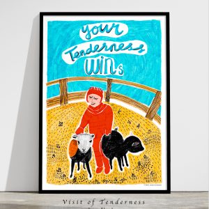 A framed illustration of a child with red winter overall and hood cares two goat in a zoo surrounded with fence.
