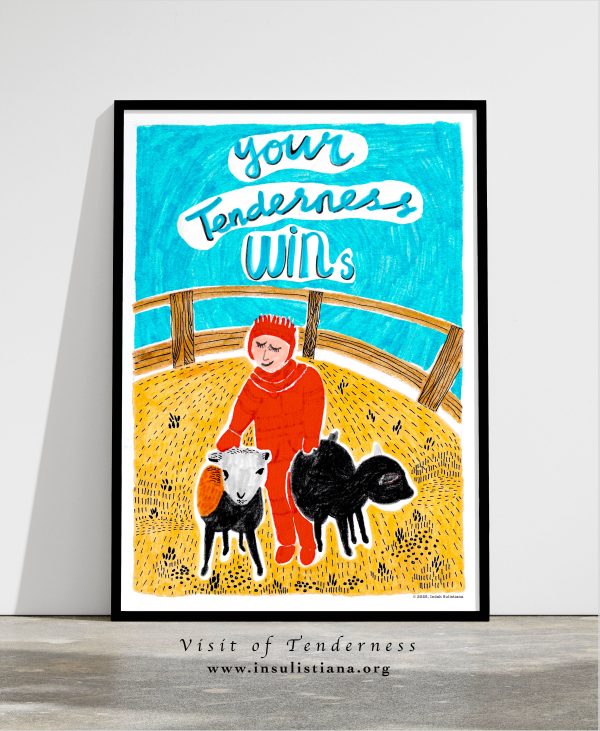 A framed illustration of a child with red winter overall and hood cares two goat in a zoo surrounded with fence.