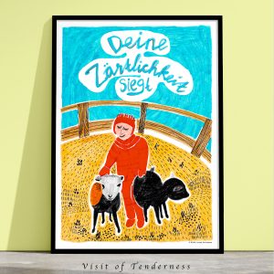 A framed art print of a child with red winter overall and hood cares two goat in a zoo surrounded with fence.