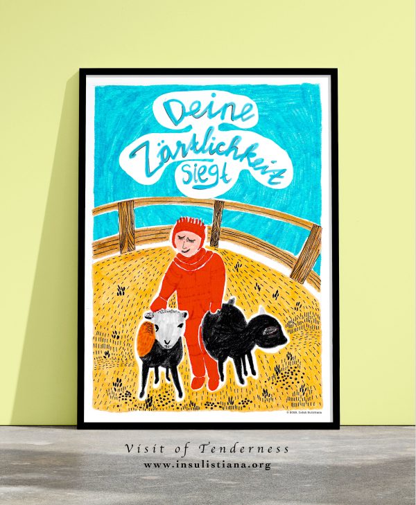 A framed art print of a child with red winter overall and hood cares two goat in a zoo surrounded with fence.