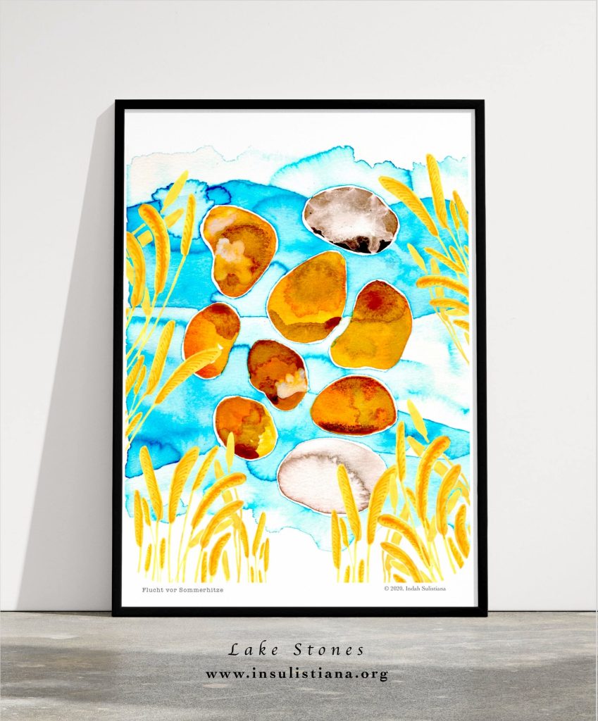 Framed art print on lake stones collected from Lake Jois in Burgenland, Austria with background of blue coloured water. and reeds.