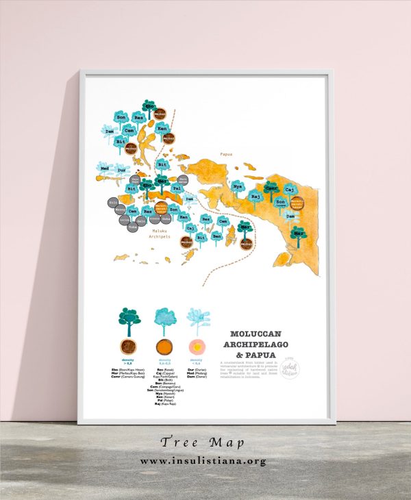 Framed map of Moluccas and Papua about native species trees for land rehabilitation and timber species used for traditional construction. Both types as recommendation for replanting.