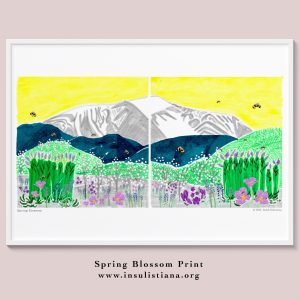 Framed art print of white flowers of the blossoming trees, Lilac (Syringa Vulgaris), Violet Primrose, Hairy Violet, and Grape Hyacinth (Muscari botryoides) spreads all over the village field in spring with background of Schneeberg and valleys in Lower Austria, Niederösterreich.