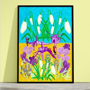 Children playing in outdoor playground surrounded by wild flowers of white Snow Drop, violet Hyacinth, and Violet Pimrose in Spring.