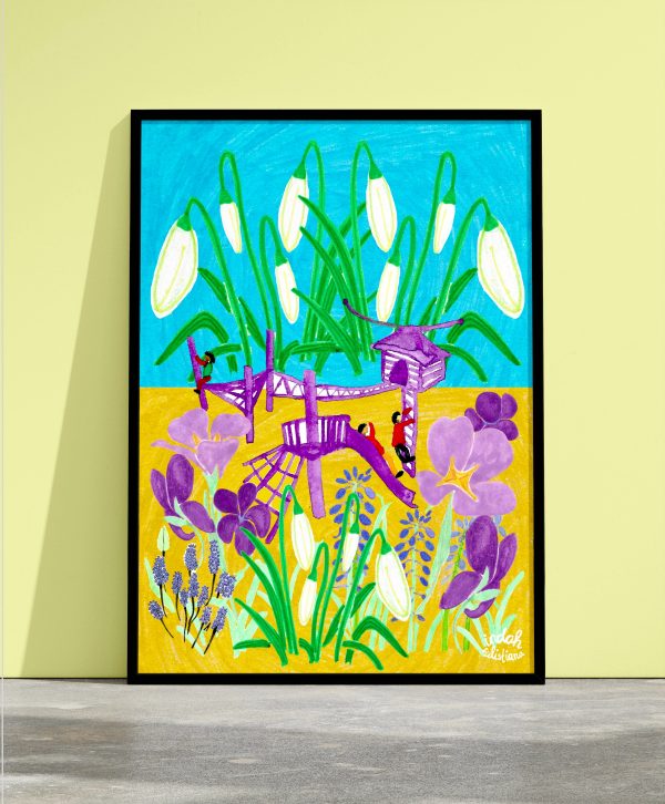 Children playing in outdoor playground surrounded by wild flowers of white Snow Drop, violet Hyacinth, and Violet Pimrose in Spring.