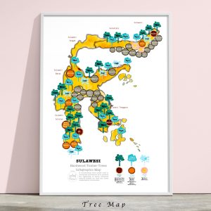 Framed map of Sulawesi about native species trees for land rehabilitation and timber species used for traditional construction. Both types as recommendation for replanting.