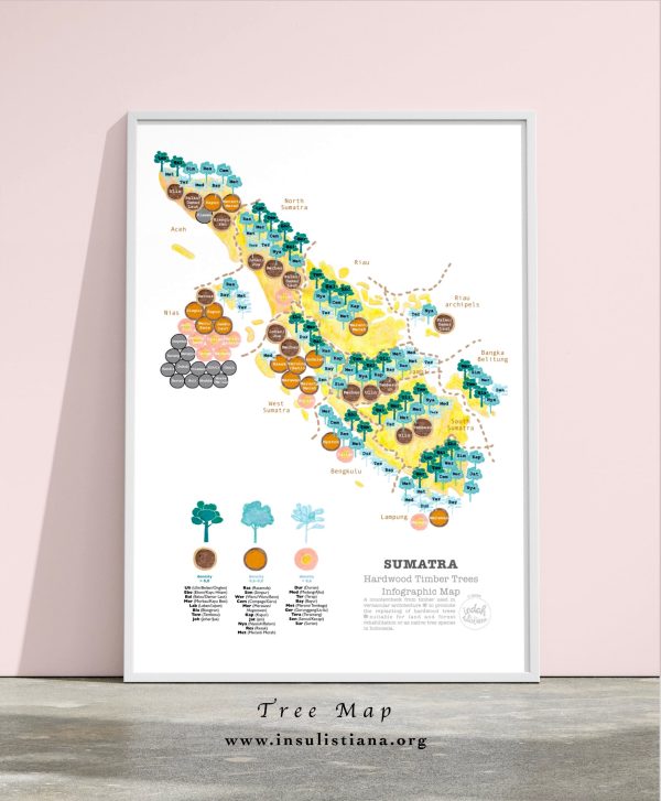 Framed poster of Sumatra map on native species trees for land rehabilitation and timber species used for traditional construction. Both types as recommendation for replanting.